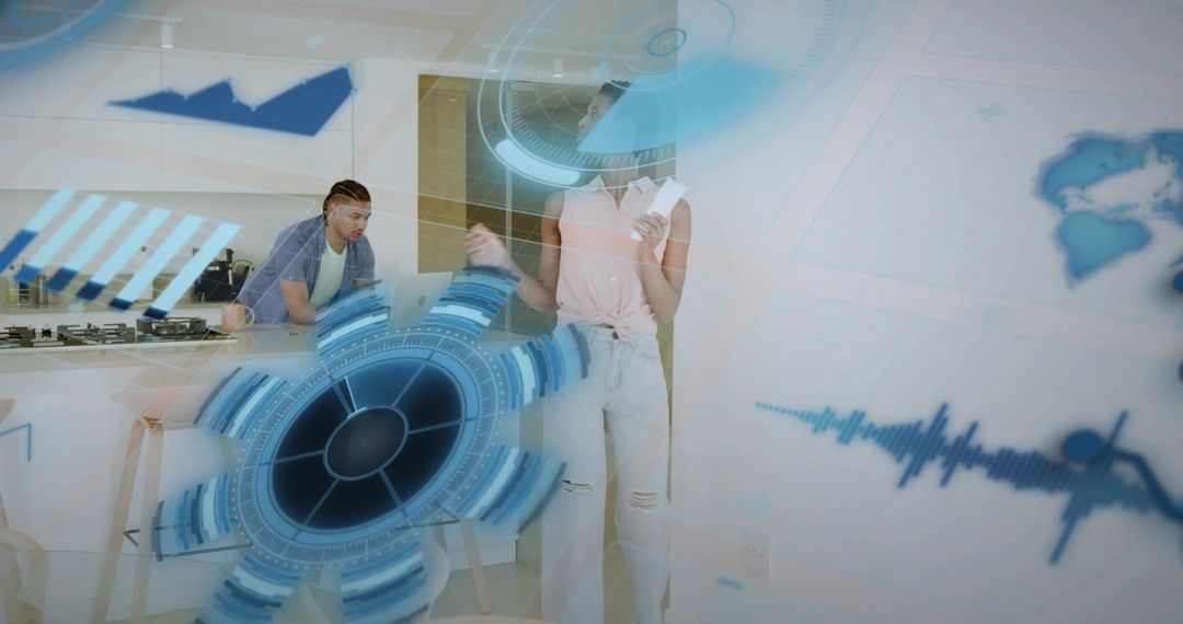 Young couple using holographic smart home interface in modern kitchen for data visualization