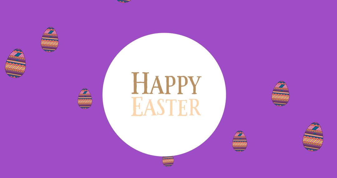 Happy Easter Greeting with Decorated Eggs on Violet Background