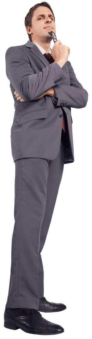 Caucasian Businessman Pondering in Formal Suit on Transparent Background