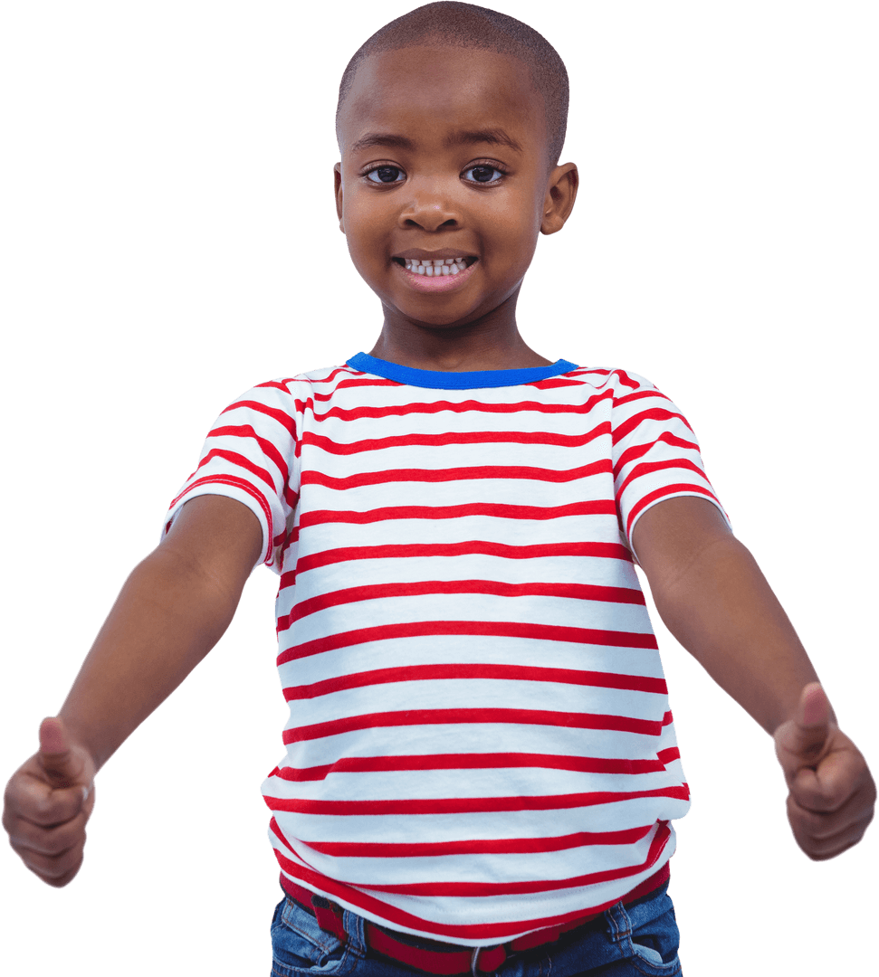 Happy Child Giving Thumbs Up in Red Striped Shirt Transparent Background