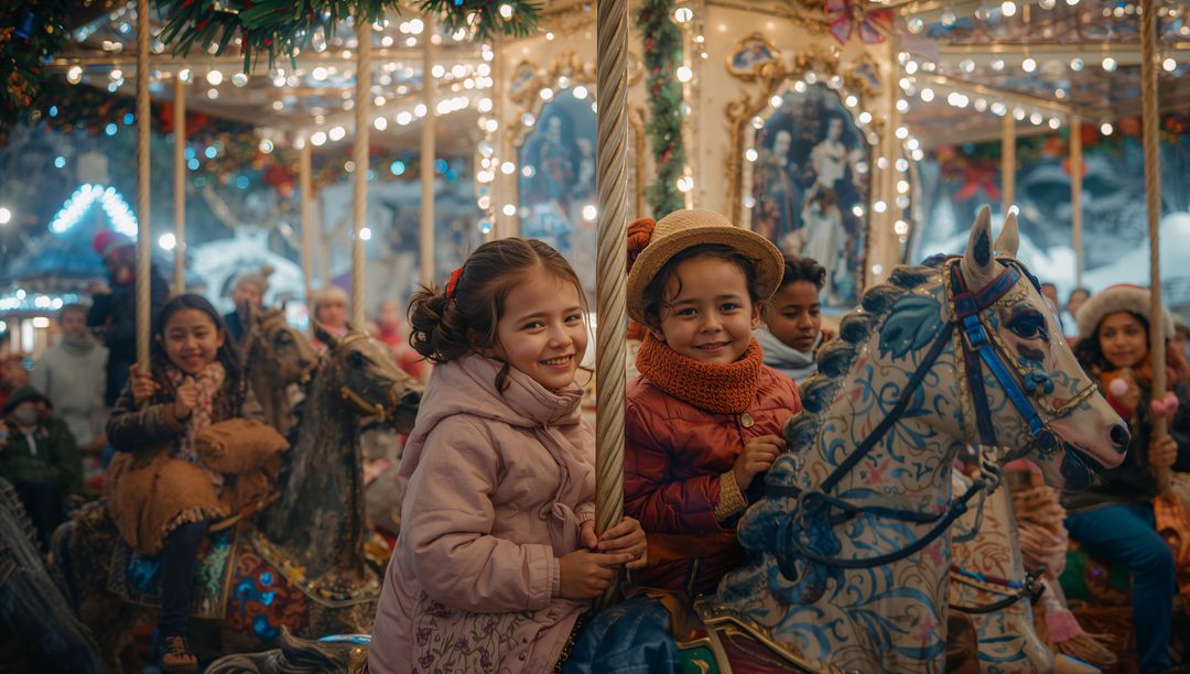 Children Enjoying Holiday Carousel with Festive Lights