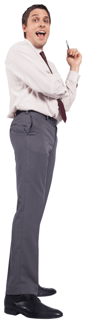 Surprised Caucasian Businessman Holding Pen on Transparent Background