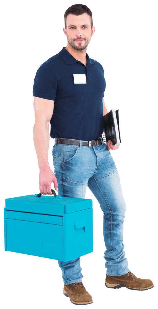 Man Holding Blue Transparent Box Standing Full Length