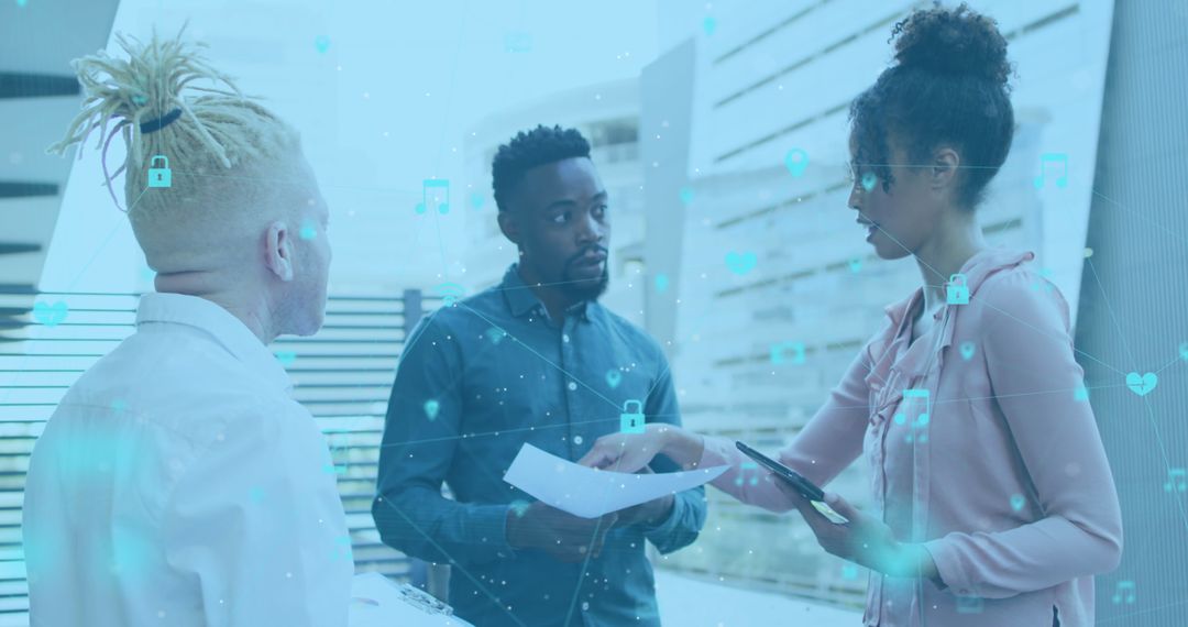 Diverse Professionals Discussing Digital Interface in Office