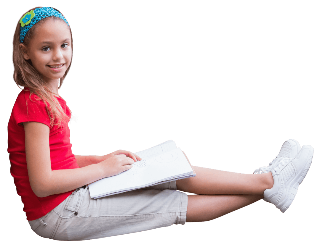 Smiling Caucasian Girl Sitting with Notebook on Transparent Background