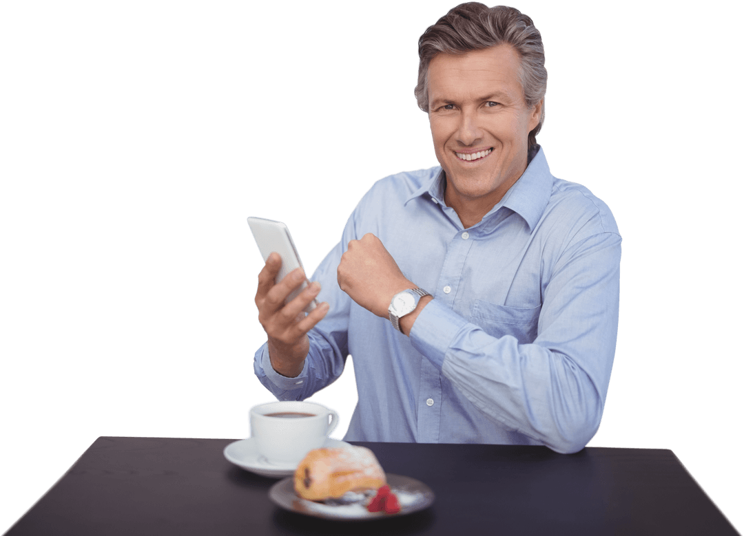 Smiling Businessman Enjoying Breakfast with Smartphone on Transparent Background