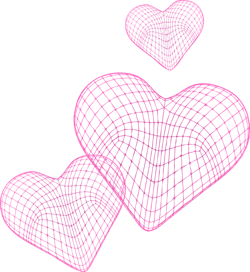 Floating Transparent 3D Wireframe Hearts on Transparent Background