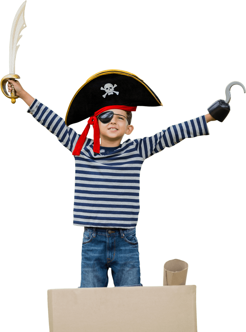 Joyful Child Playing Pirate Holding Sword and Hook Transparent Background
