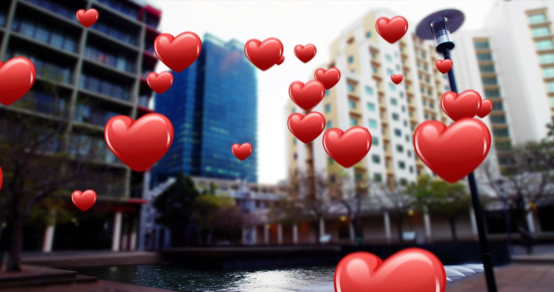 Floating Heart Icons in Urban Cityscape
