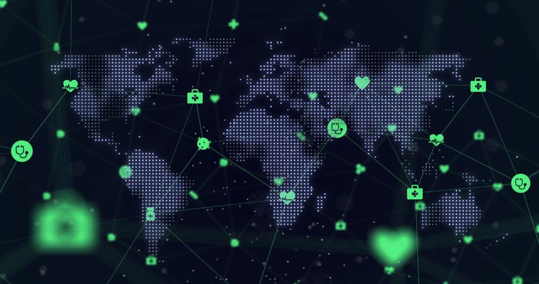 Global Network of Medical Technology Icons Over World Map