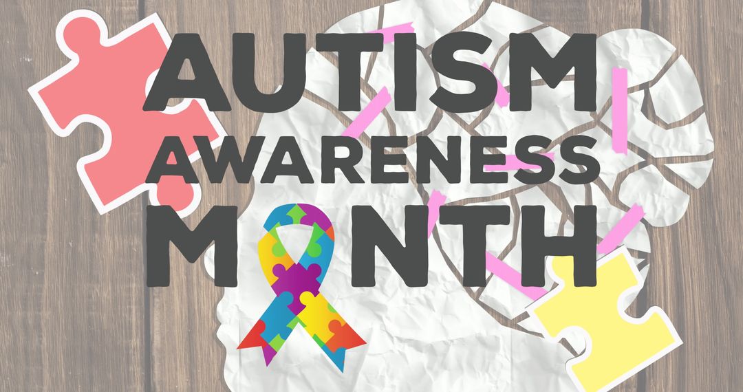 Autism Awareness Month Text with Puzzle Ribbon and Silhouette