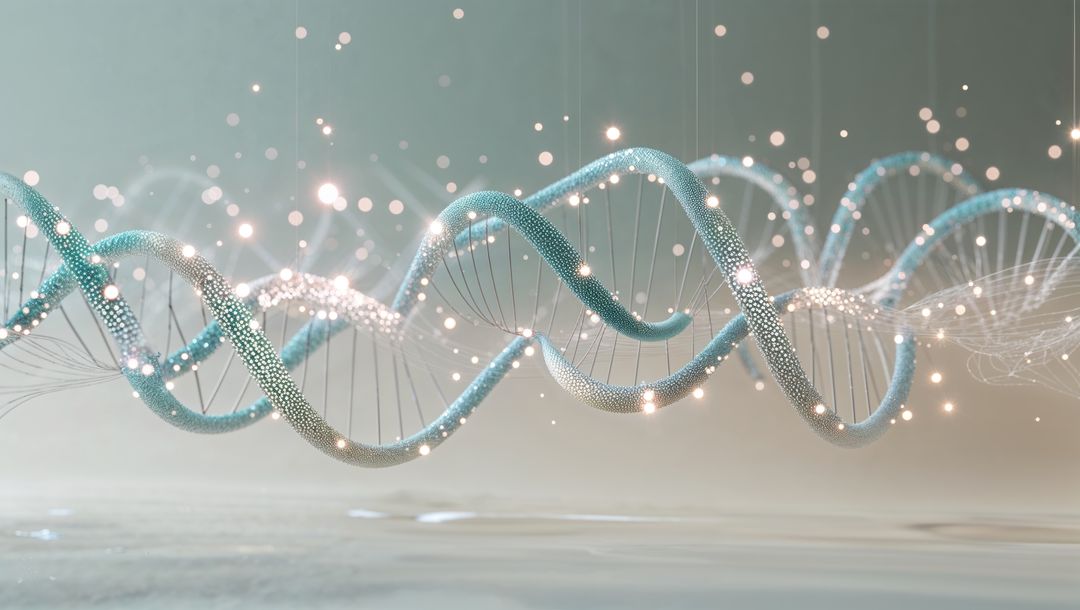 Floating DNA Helix with Shimmering Light and Metallic Textures