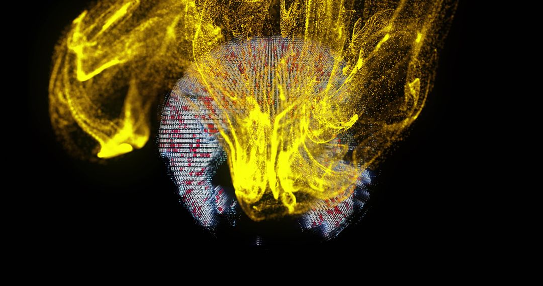 Futuristic Head-Shaped Digital Mesh with Yellow Energy Streams