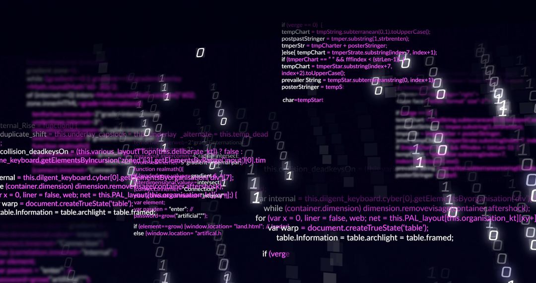 Floating code and binary stream forming neon cyber grid with magenta highlights