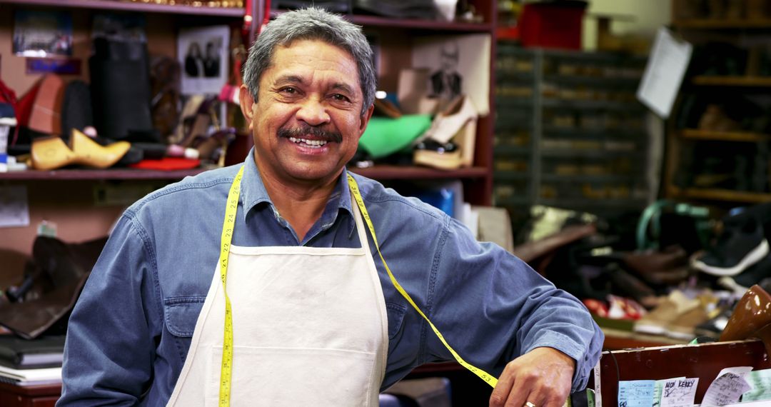 Smiling Elderly Shoe Cobbler in Workshop with Apron and Measuring Tape - Free Images, Stock Photos and Pictures on Pikwizard.com