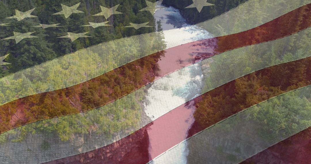 American Flag Overlay on Scenic Waterfall and Forest