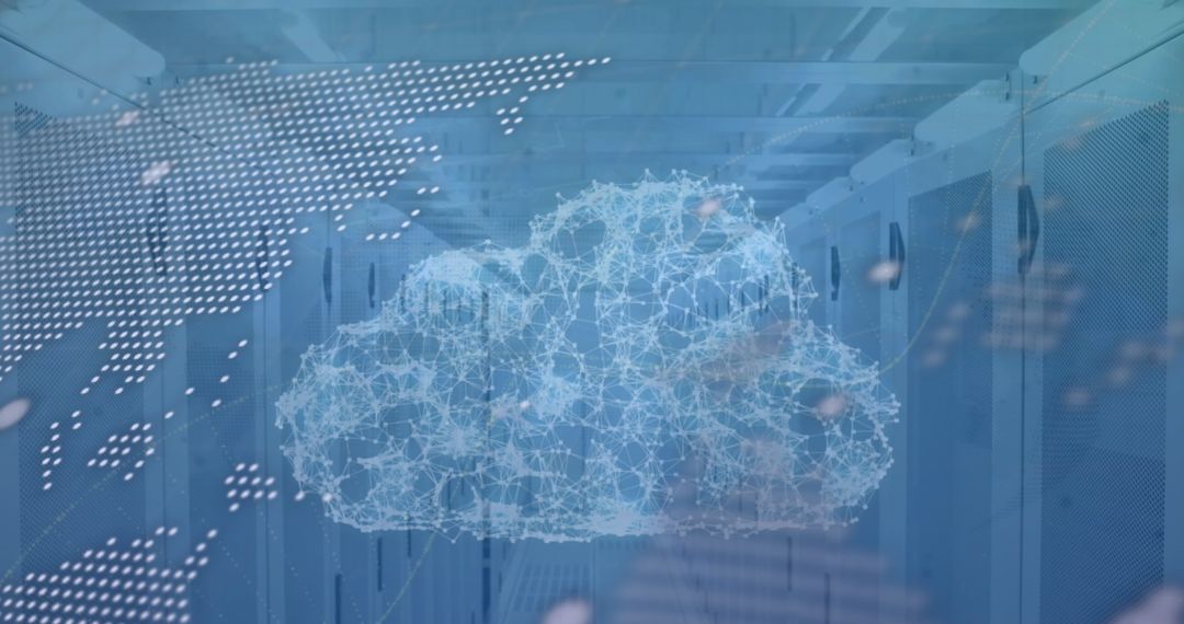 Digital Network Cloud in Server Room with Global Connectivity Overlay