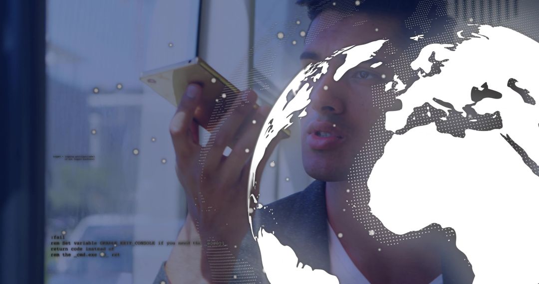 Professional Speaking into Smartphone with Global Data Overlay and Futuristic Interface