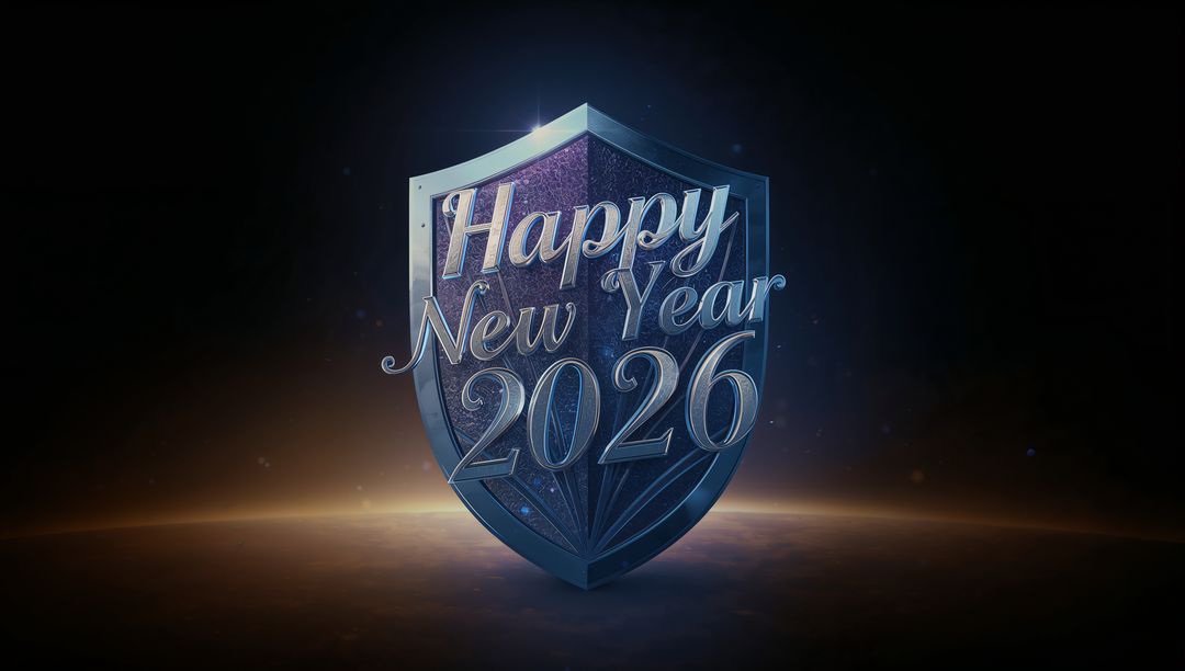 Metallic Blue Shield Emblem Featuring Happy New Year 2026 Chrome Script and Gloss