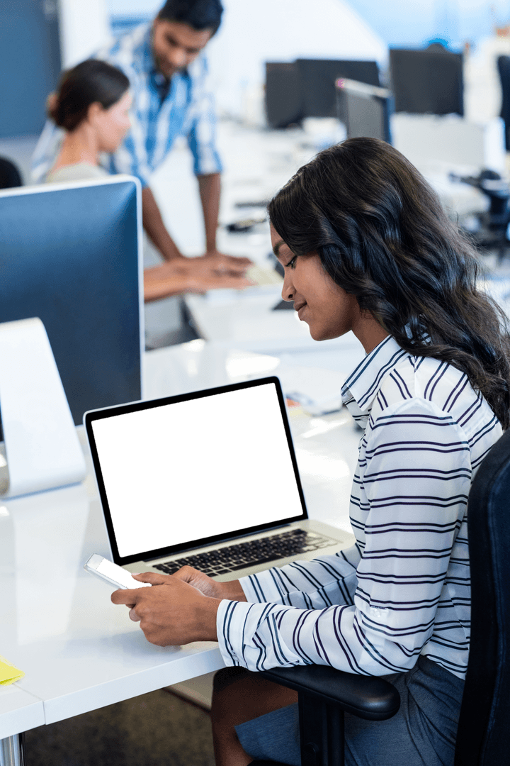 Transparent Relaxed Businesswoman Using Smartphone at Workspace