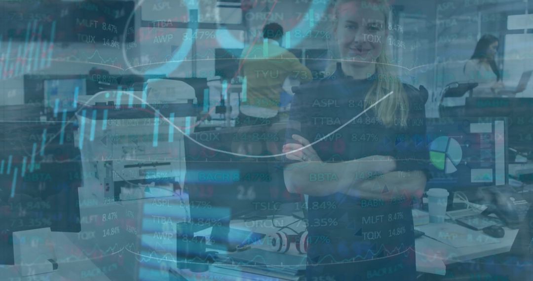 Caucasian Businesswoman Overlaid with Financial Data in Office Environment