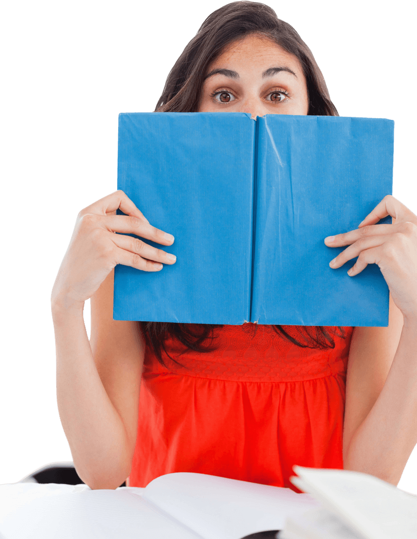Student Hides Behind Blue Book on White Background Transparent