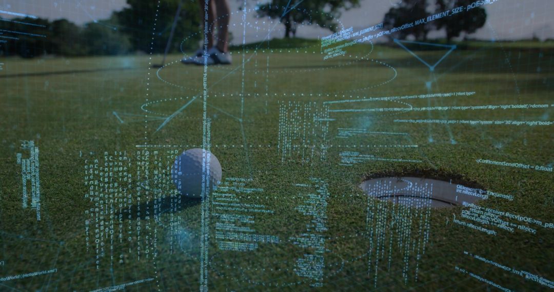 Adult Golfer Aligning Putter Behind Ball on Putting Green with Augmented Data for Performance