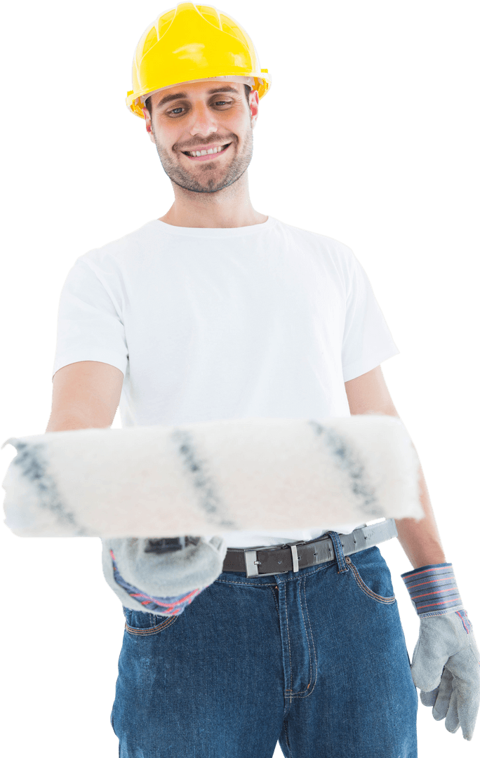 Cheerful Worker in Hard Hat Using Paint Roller Showing Preparation