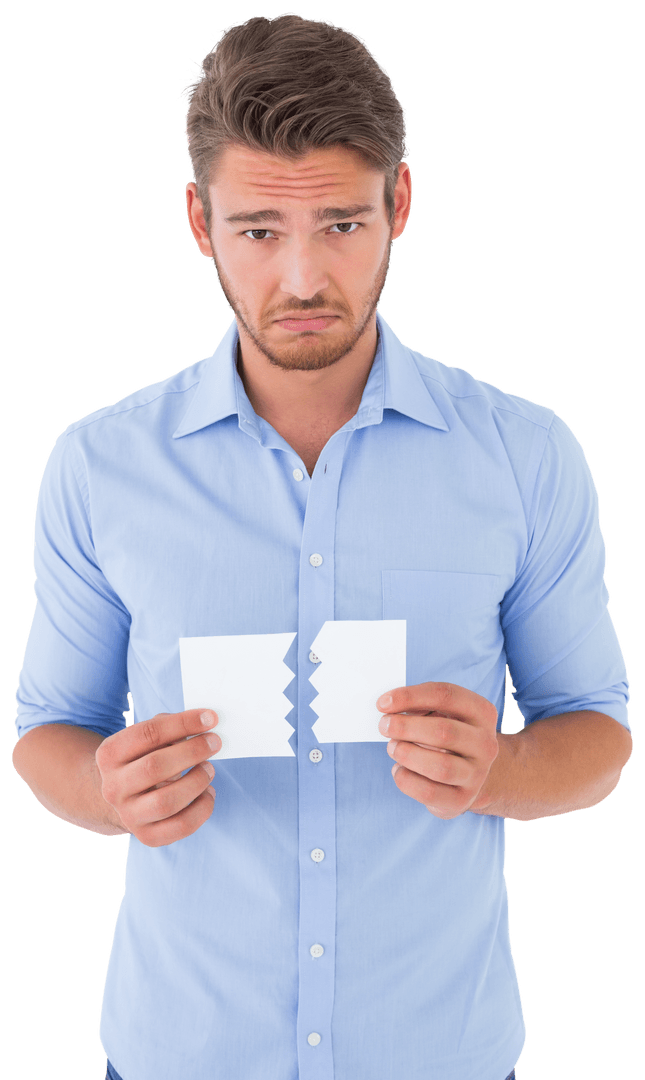 Sad Man Holding Torn Paper with Transparent Background
