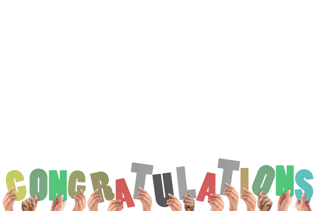 Transparent Hands Raised Holding Congratulations Letters