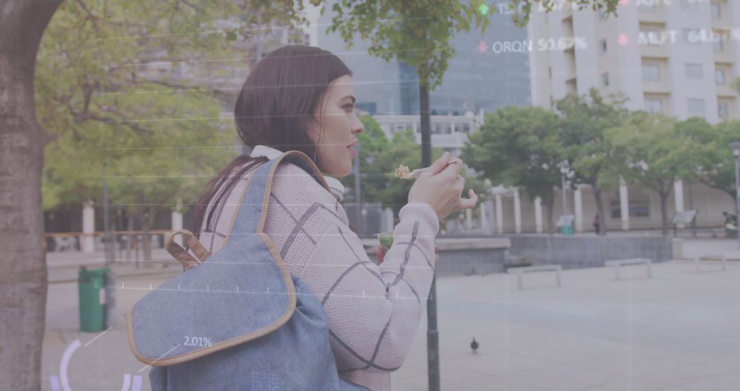 Woman Eating Salad While Walking with Digital Data Overlay