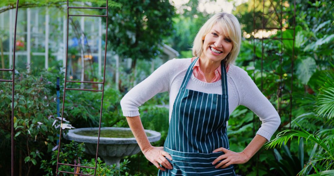 Smiling Woman in an Apron Standing in Lush Garden - Free Images, Stock Photos and Pictures on Pikwizard.com