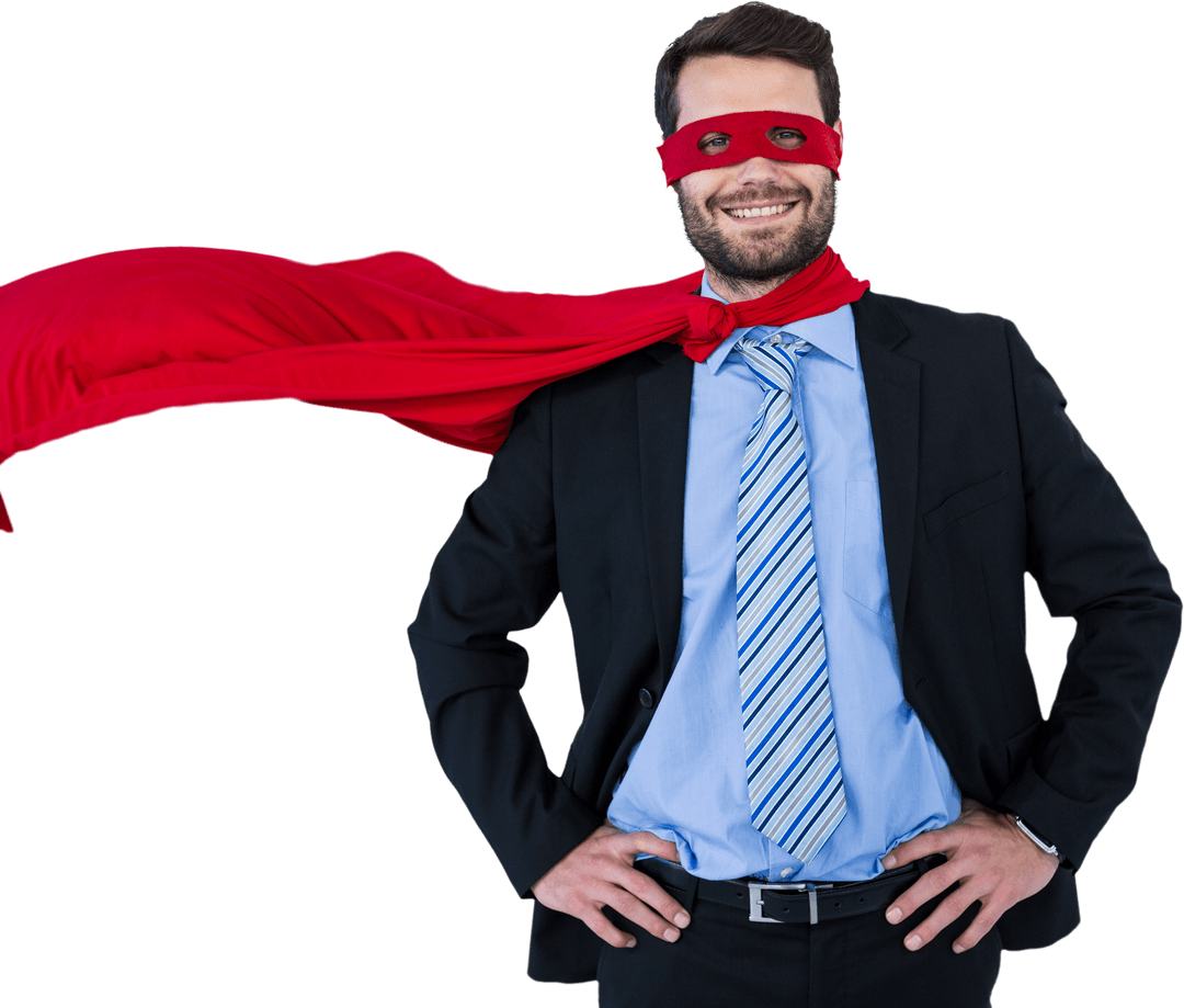 Confident Businessman Wearing Red Cape and Mask on Transparent Background