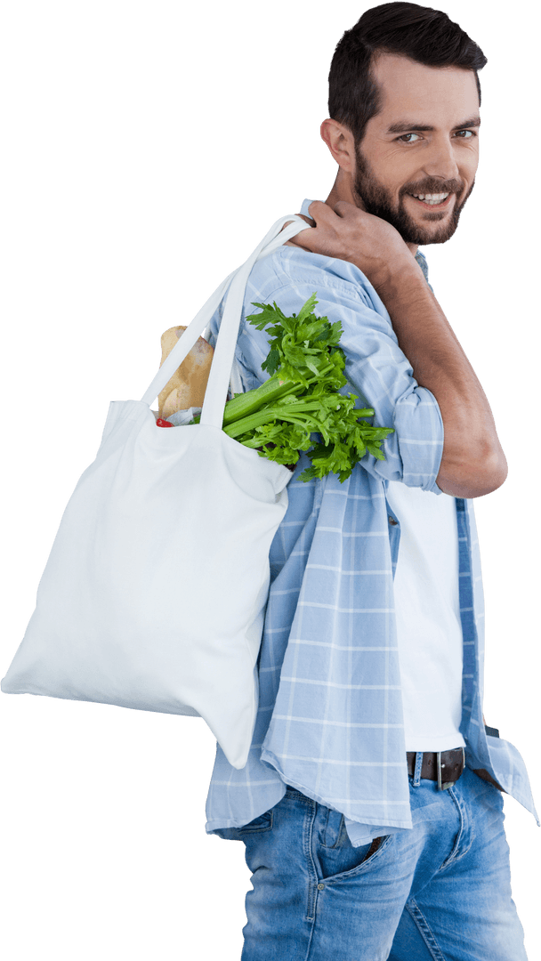 Smiling Man with Shopping Bag of Fresh Vegetables on Transparent Background