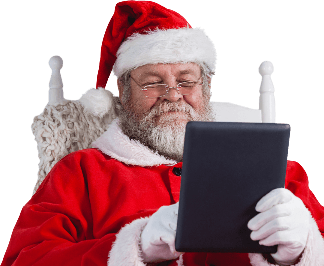 Santa Claus Holding Tablet in Clear Cutting with Happy Smile