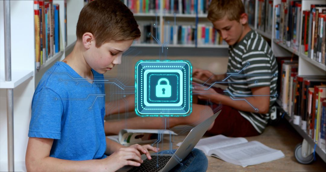 Student using laptop in library aisle with glowing padlock hologram symbolizing privacy