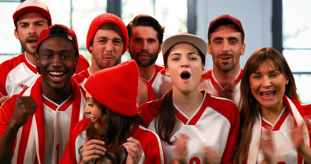 Excited Sports Fans Wearing Matching Red Jerseys Cheering - Free Images, Stock Photos and Pictures on Pikwizard.com