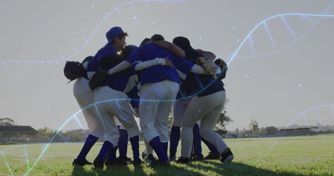 Baseball Team Huddles with DNA Strand Symbolizing Unity
