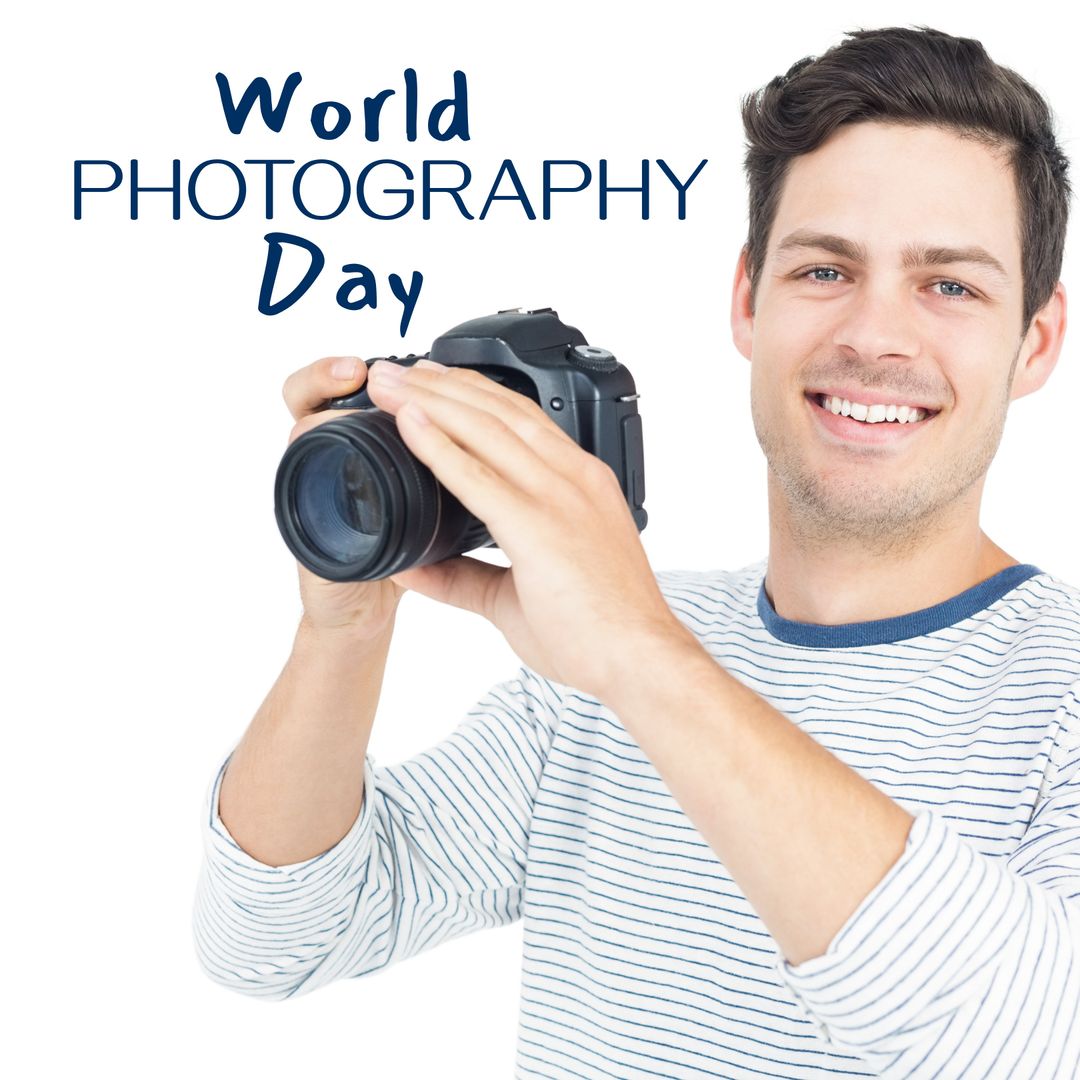 Smiling man celebrating World Photography Day holding camera - Download Free Stock Templates Pikwizard.com