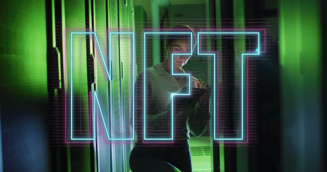 Businesswoman in Server Room Explores NFT Technology with Tablet