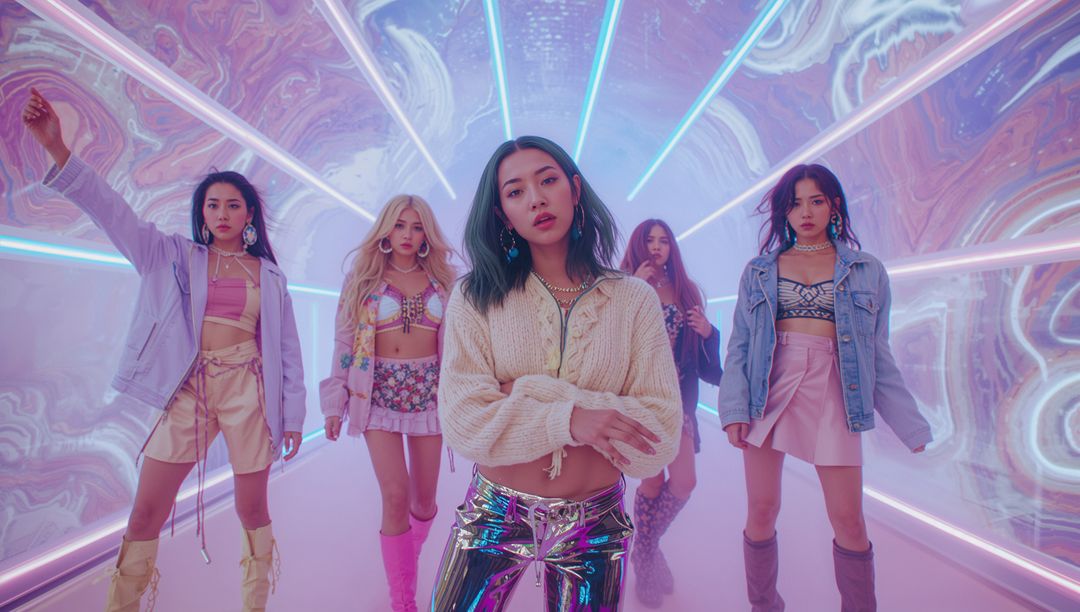 Futuristic Performance with Stylish Group Amid Neon Glow