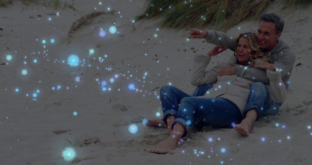Romantic Couple Hugging on Beach with Glowing Lights