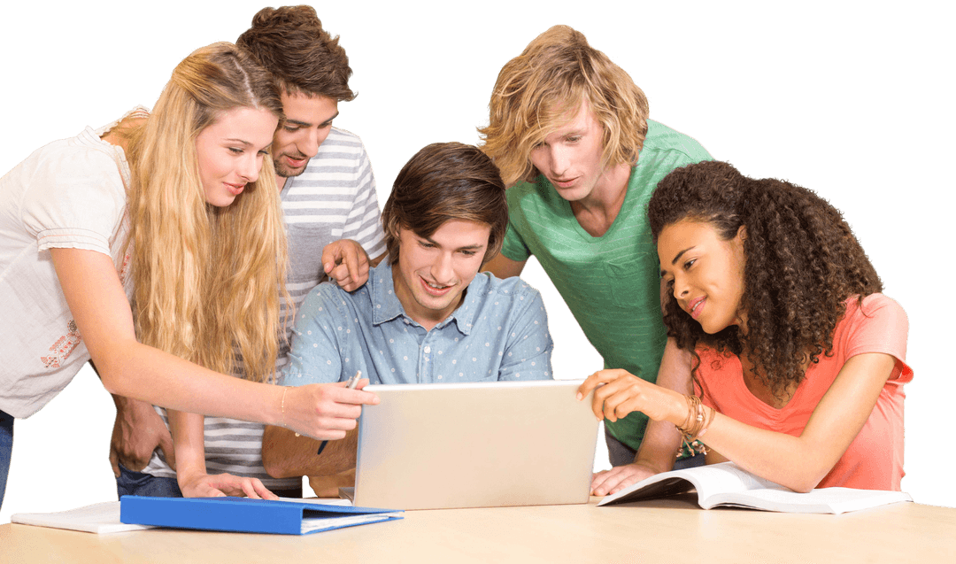 Transparent Background College Students Collaborating with Laptop