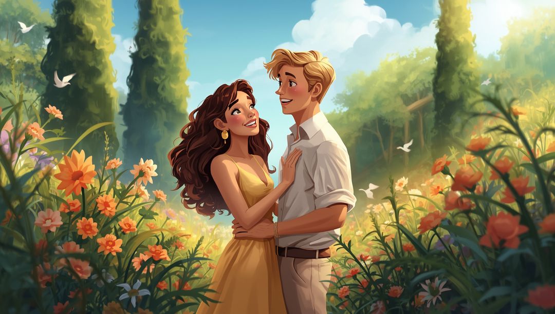 Romantic Couple Embracing in Vibrant Flower Garden