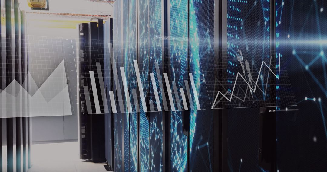 Futuristic Data Center With Digital Charts and Blue LED Lights
