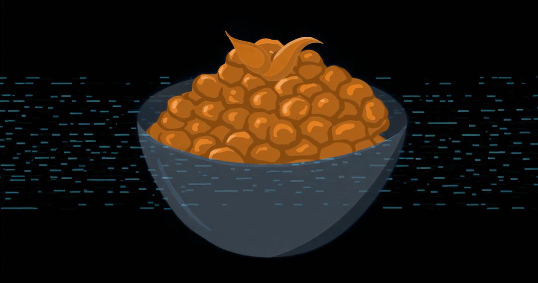 Floating Futuristic Bowl of Orange Pods Over Glitch Backdrop for Tech Food Concepts