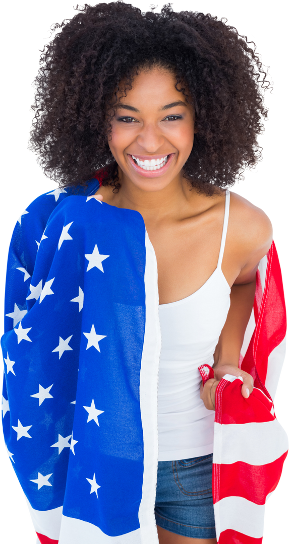 Smiling Woman Wrapped in Transparent American Flag - Download Free Stock Images Pikwizard.com