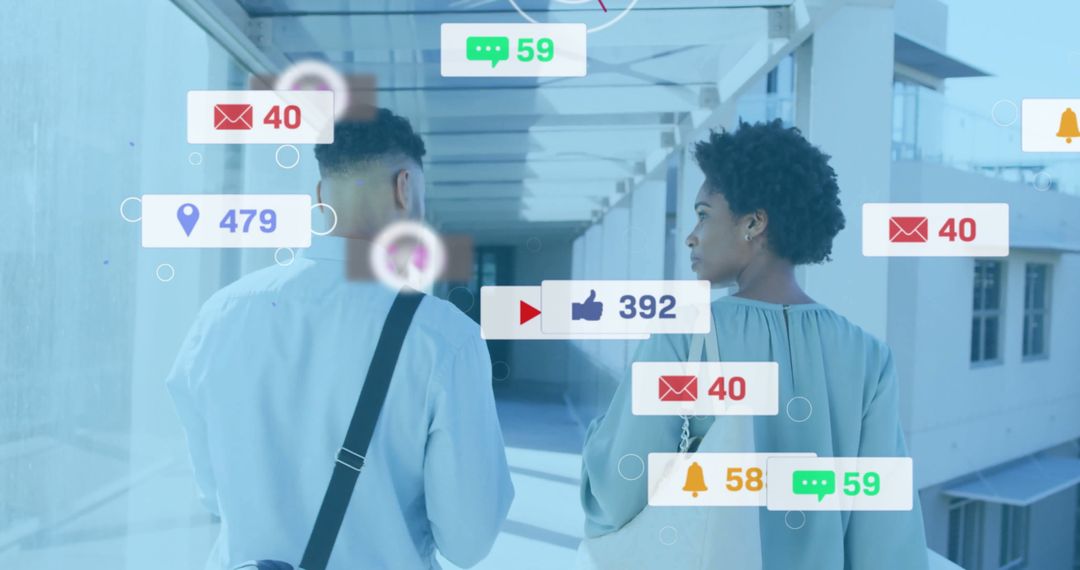 Colleagues Walking in Modern Hallway with Notification Icons Overlay