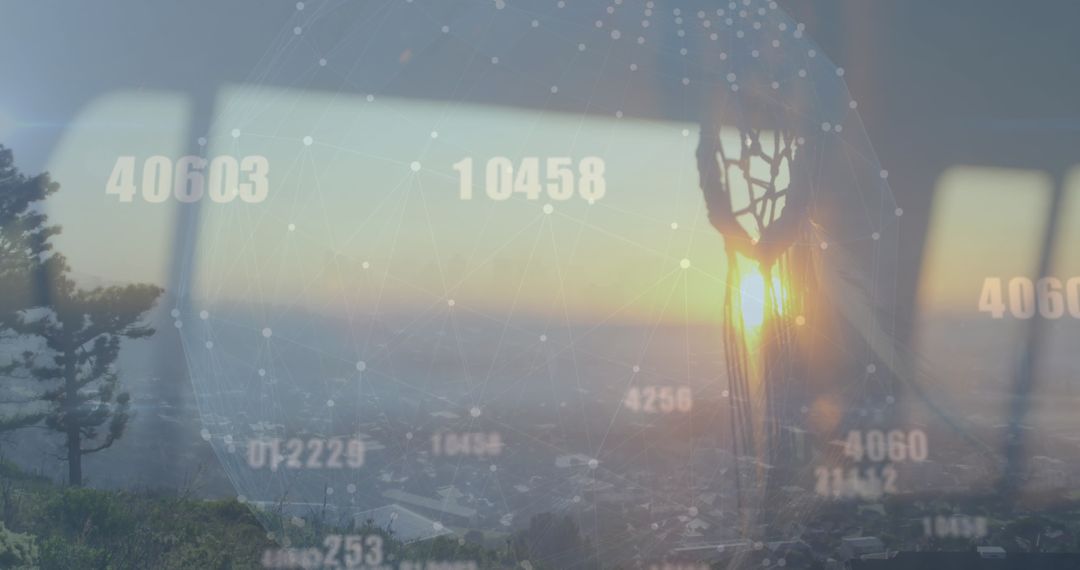 Digital Network Globe Projecting Across Urban Skyline at Sunset