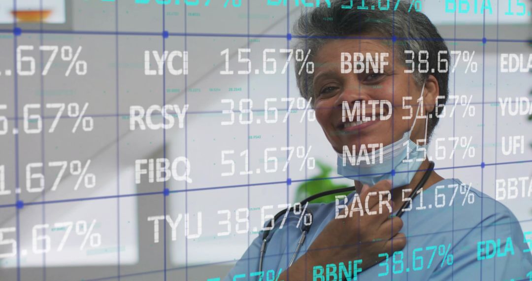 Smiling clinician adjusting mask with stethoscope and digital data overlay